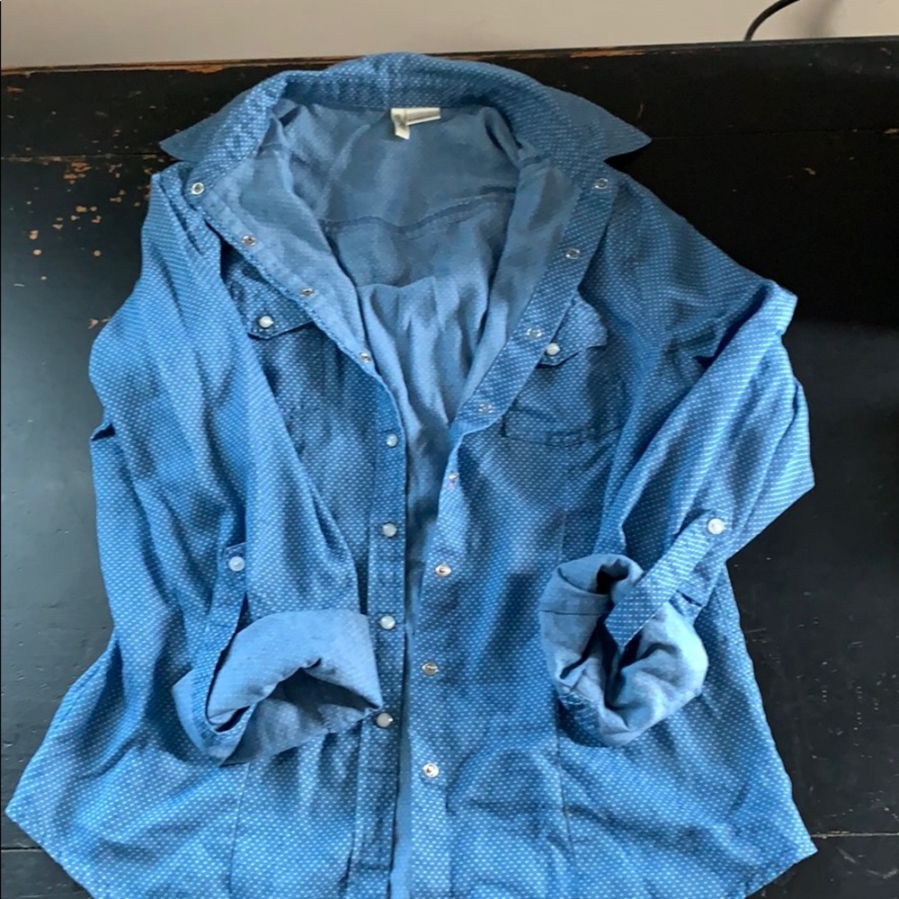 Passport denim button down with white polka dots